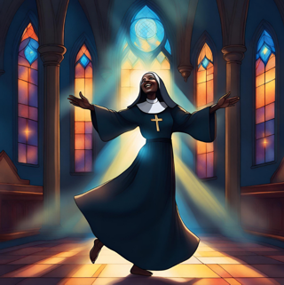 Sister Act: Deloris in church with Stained Glass Windows